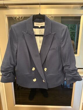 Veronica Beard Navy Cropped Double-Breasted Jacket with Rolled Sleeves